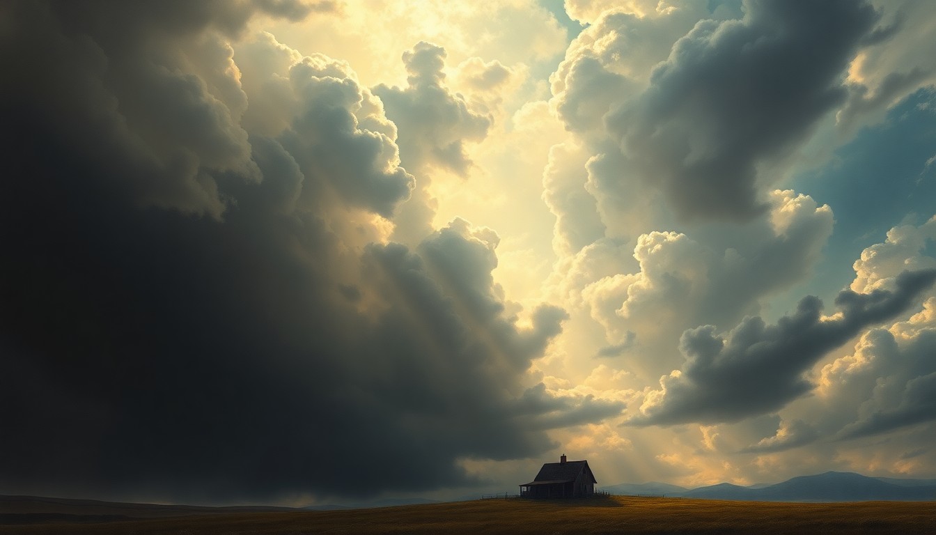 A sweeping, atmospheric landscape painting in muted tones of gray, blue, and gold, with a small farmhouse or barn structure dwarfed by the dramatic, swirling clouds and rays of light breaking through the stormy sky, conveying the overwhelming power of nature.