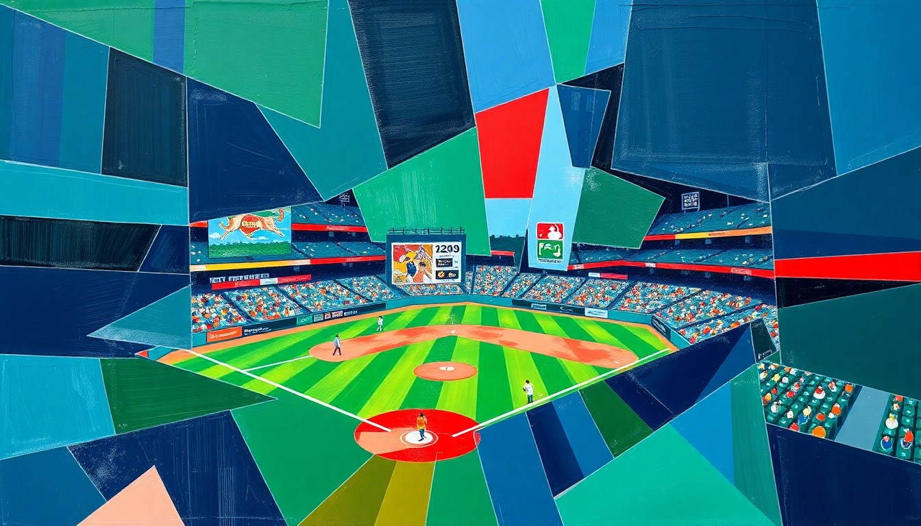 A cubist-style painting featuring overlapping geometric shapes and planes in shades of navy, green, and red, conceptually representing the energy and movement of a baseball game.