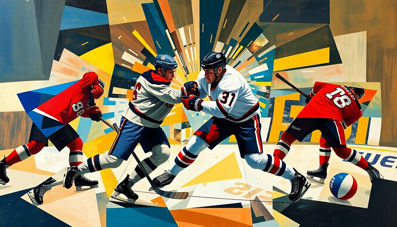 A cubist-style painting depicting the chaotic energy of a hockey fight, with players' bodies fractured into sharp, overlapping geometric shapes in a vibrant color palette, conceptually representing the emotional momentum shift created by physical play.