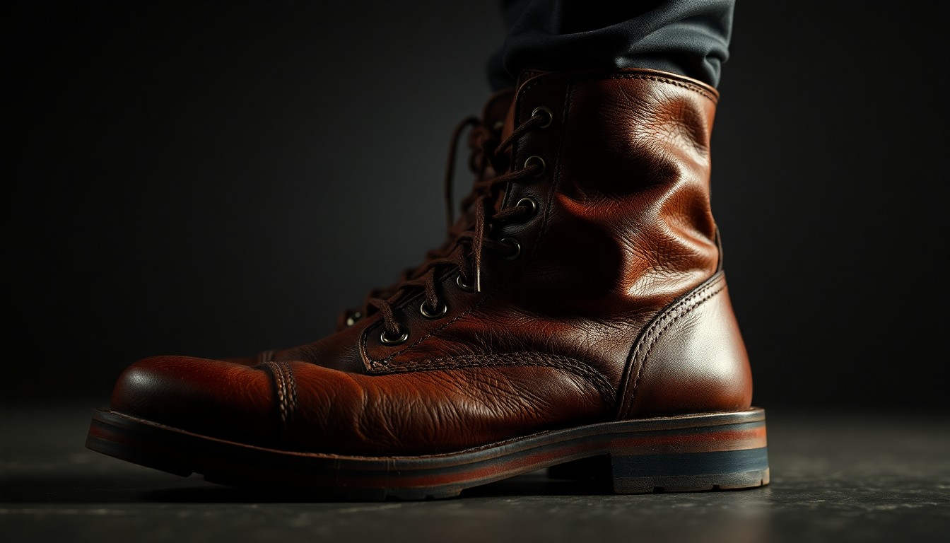 An extreme, abstract close-up photograph of a distressed, high-end leather boot texture in dramatic, high-contrast studio lighting, capturing the luxurious yet rugged aesthetic of the footwear at the center of this celebrity fashion controversy.