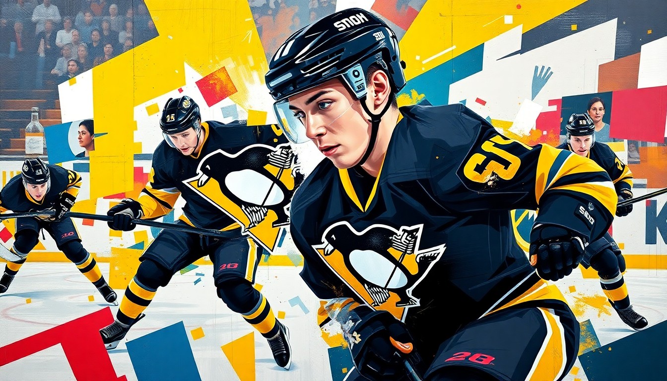 A cubist, geometric painting depicting the dynamic movements and actions of a hockey player, with sharp, overlapping planes of color representing the Penguins' black and gold uniforms.