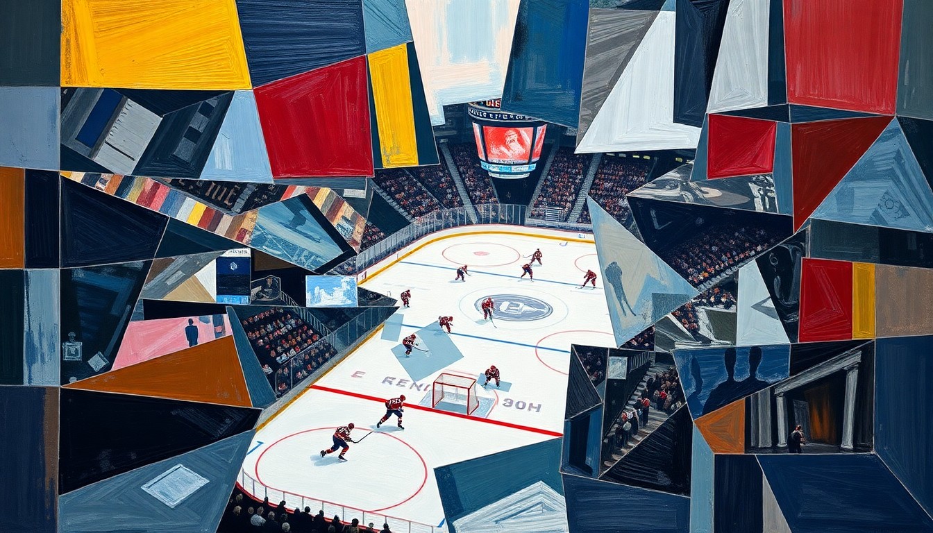 A cubist, geometric painting depicting a fragmented hockey game, with players and the rink broken down into sharp, overlapping planes of color and shape, conveying the dynamic energy and strategic complexity of the Canadiens' rebuild.