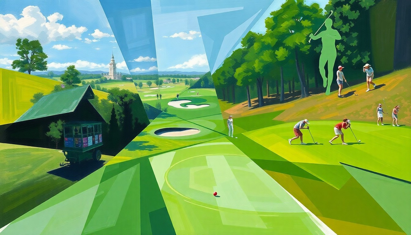 A fragmented, geometric painting depicting the overlapping planes and perspectives of a women's golf tournament, with players, fairways, and greens rendered in an abstract, cubist style.
