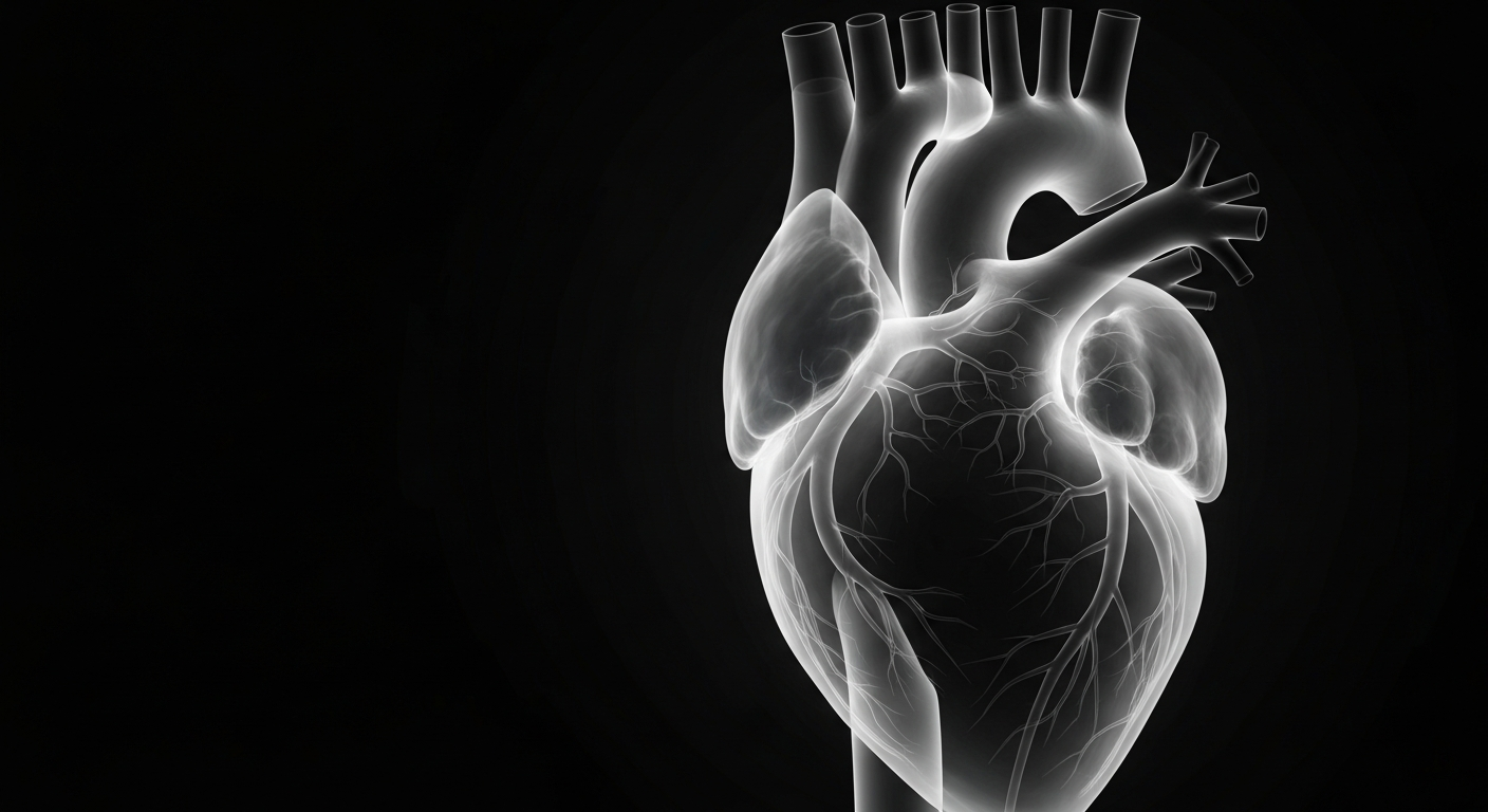 A translucent, ghostly X-ray image of a human heart, with glowing veins and arteries, against a dark background, conceptually illustrating the cardiovascular health concerns associated with over-the-counter pain relievers.