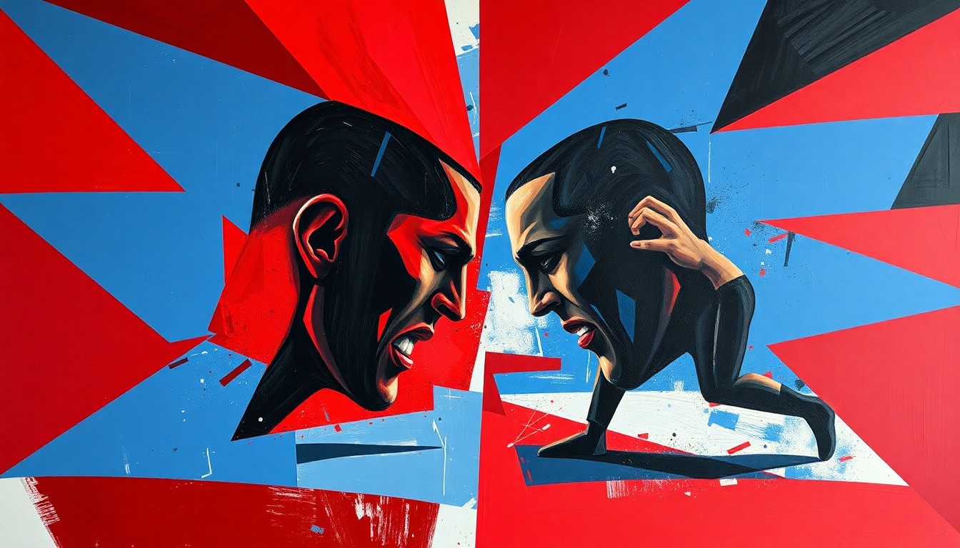 A fragmented, abstract painting depicting the UFC 327 welterweight fight between Charles Radtke and Francisco Prado, with sharp geometric shapes and planes of red, blue, and black representing the raw energy and physicality of the bout.