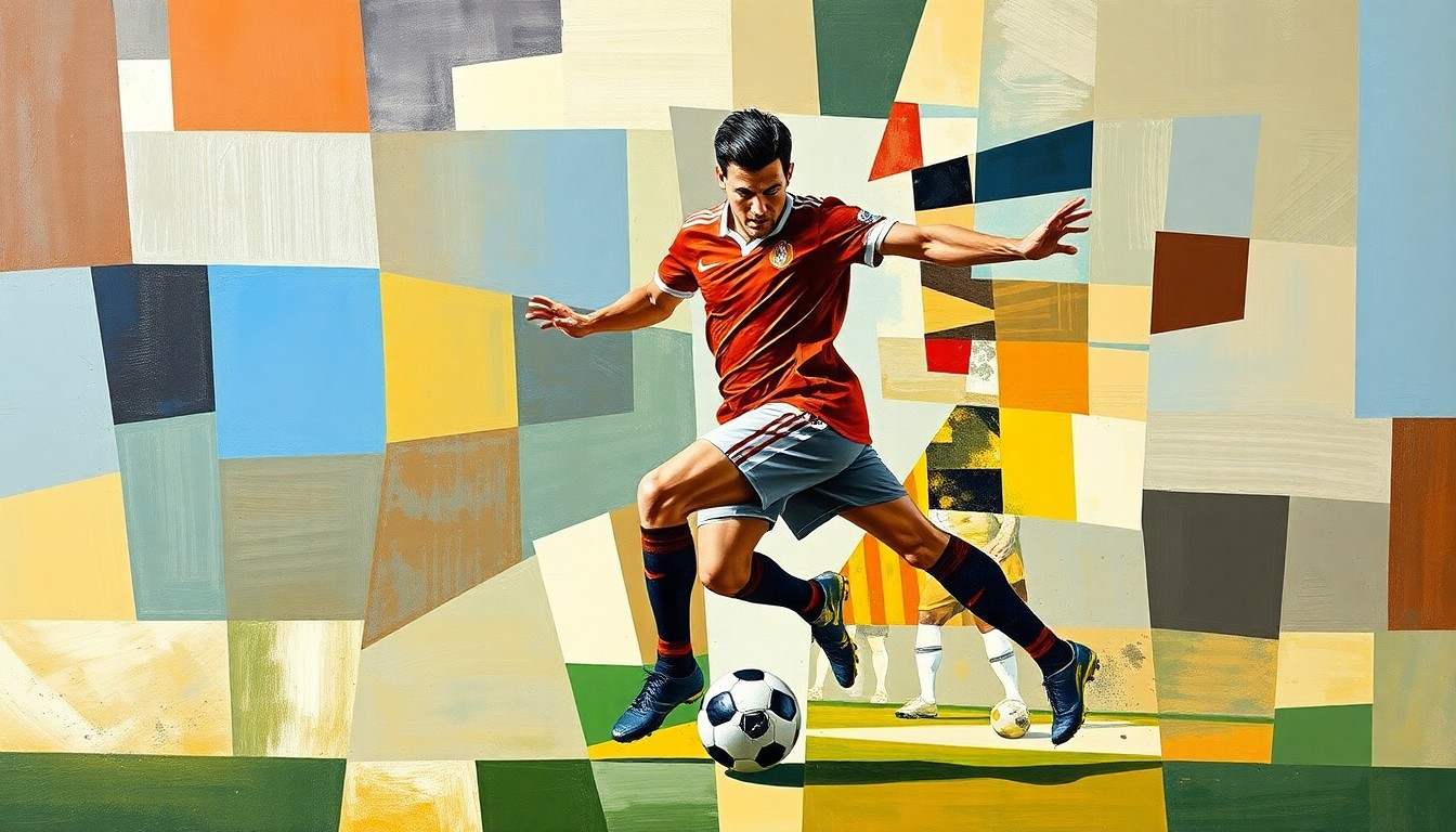 A cubist-style painting depicting a soccer player in motion, with their body and movement broken down into sharp, overlapping geometric shapes and planes, conveying the dynamic and multifaceted nature of the player's role and the transfer negotiations surrounding them.