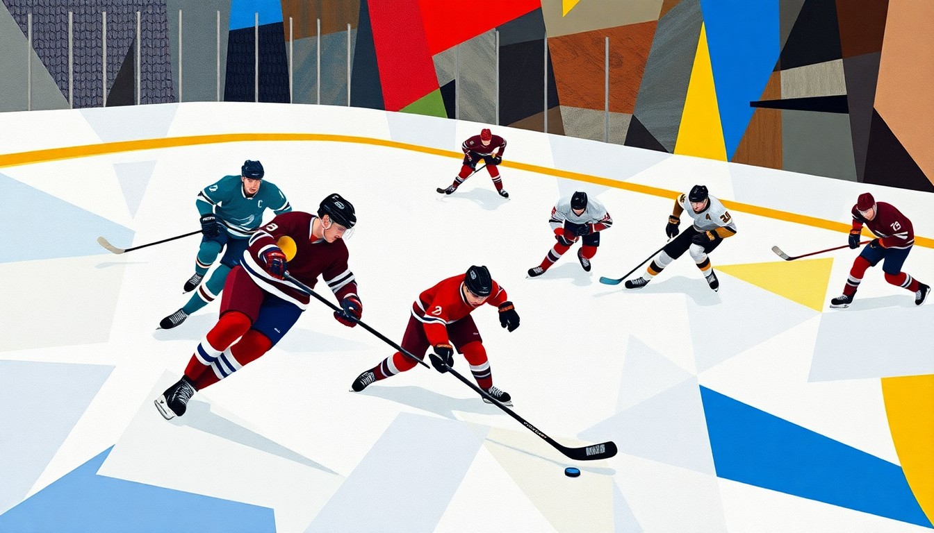 A cubist, geometric painting depicting the abstract movements and energy of a hockey game, with the players and puck represented as fragmented, overlapping shapes and planes in the teams' colors.