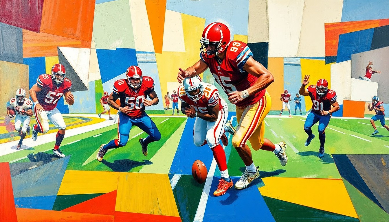 A cubist, geometric painting depicting fragmented and overlapping scenes of a football practice, with players and equipment rendered in bold, vibrant colors.