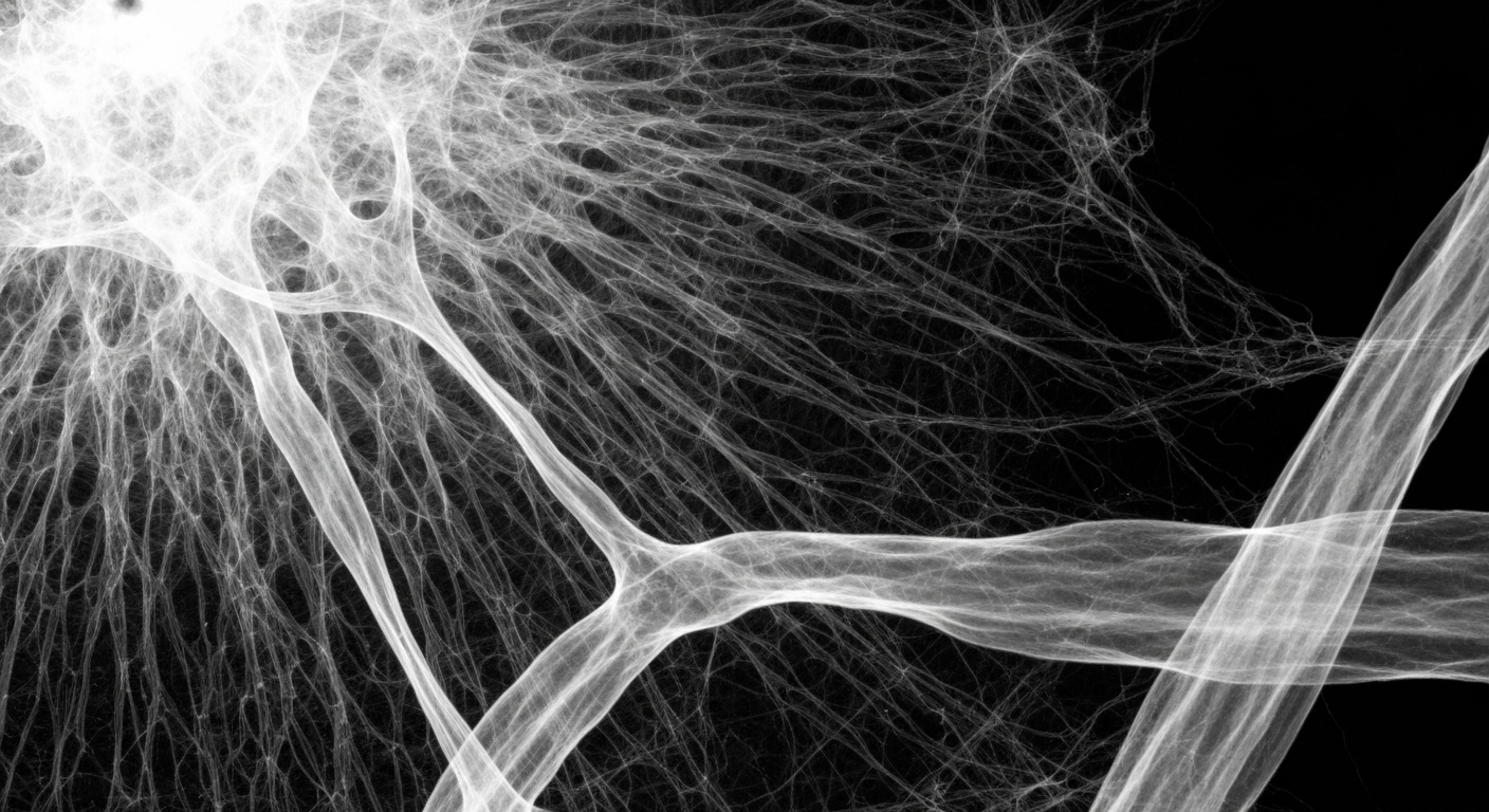 An extreme close-up X-ray photograph revealing the delicate, translucent structure of fungal mycelium, conceptually representing the natural immune-boosting properties of medicinal mushrooms.