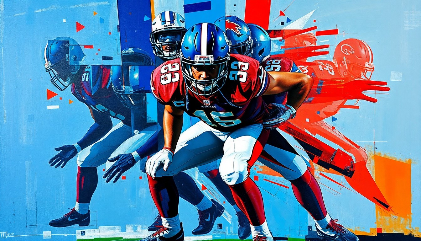A cubist-inspired painting depicting a football player in a defensive stance, with their body and movements broken down into sharp, overlapping geometric shapes in a vibrant color palette, capturing the dynamic energy and skill of the sport.