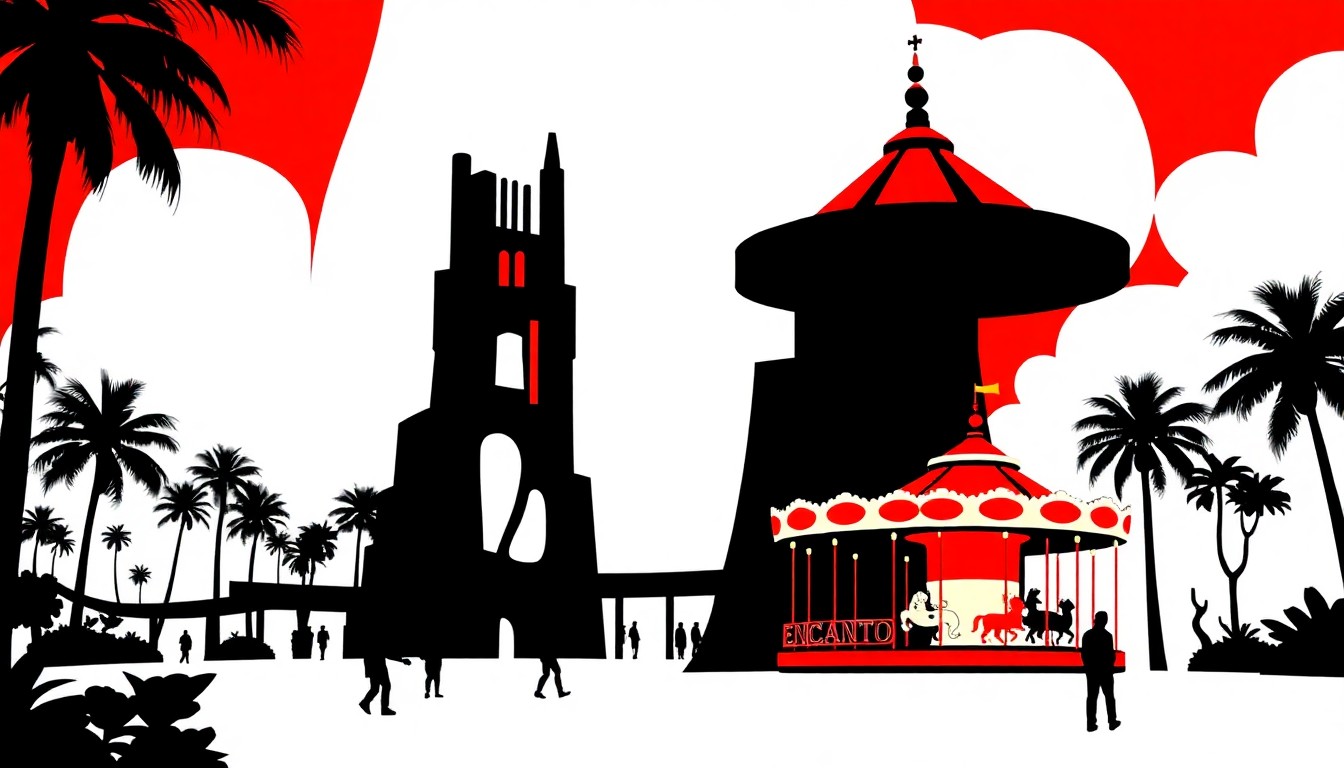 An abstract, minimalist illustration featuring bold, jagged geometric shapes in vibrant red, white, and black, conceptually representing the new Tropical Americas land at Disney's Animal Kingdom.