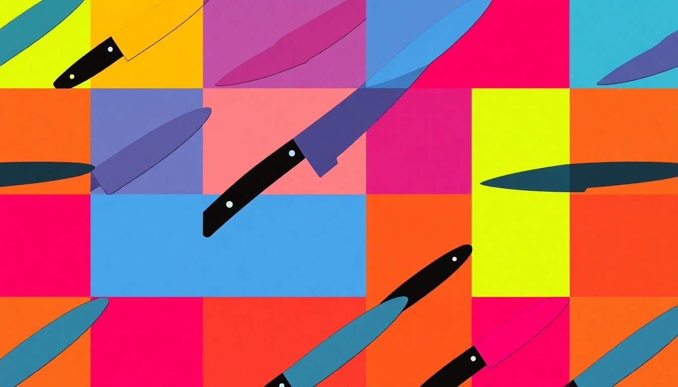 A brightly colored, high-contrast silkscreen print of a chef's knife repeated in a tight grid pattern, capturing the modern, artistic spirit of the new Taste Buds Kitchen culinary concept coming to Loudoun.
