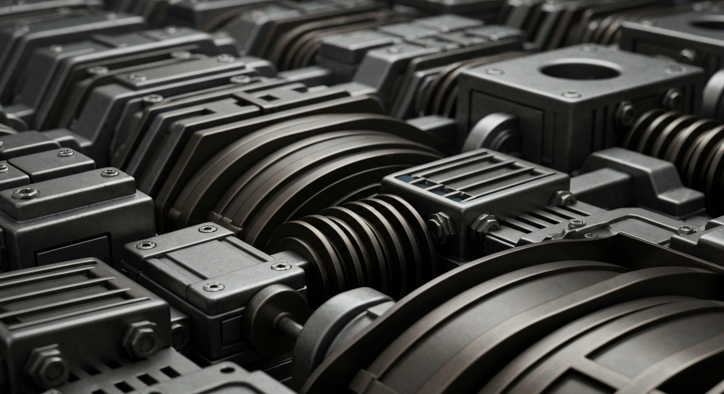 An extreme close-up of gears, levers, and other heavy industrial components in shades of steel grey, bronze, and black, conceptually representing the secure infrastructure and stored wealth of the crypto finance industry.