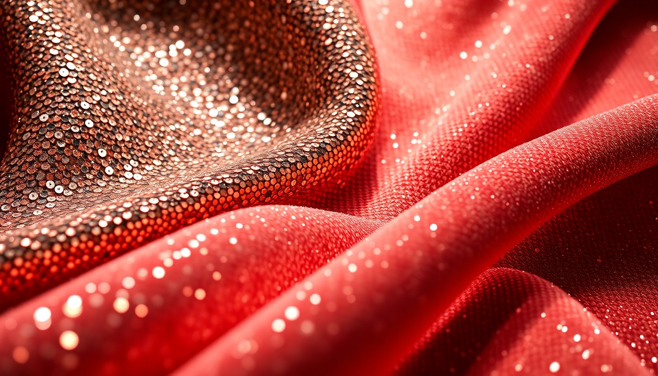 An extreme close-up of luxurious, glittering sequins and shimmering metallic fabric, conceptually representing the glamour and high-fashion aesthetic of the entertainment industry.
