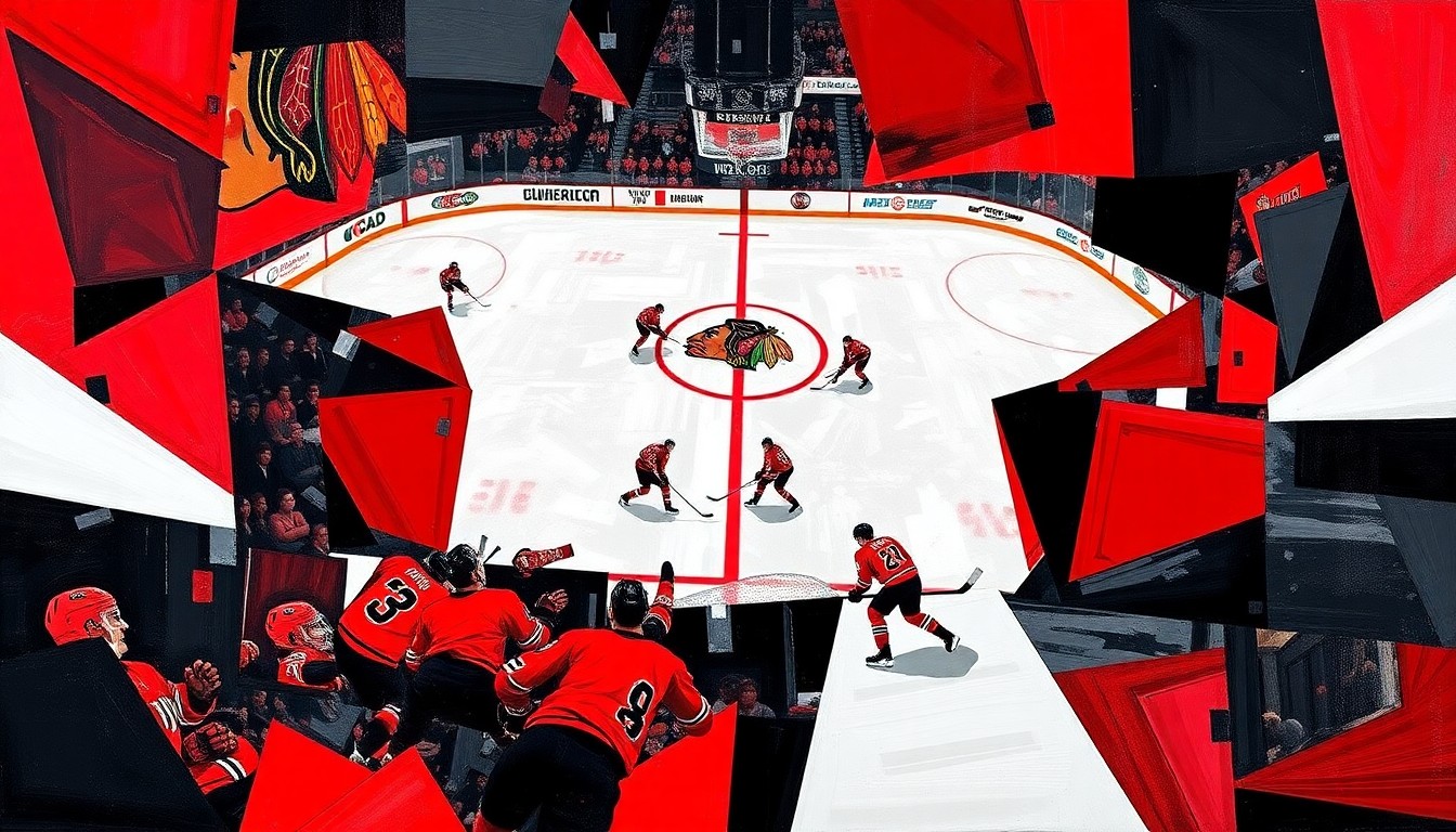 A cubist, geometric painting depicting a Blackhawks hockey game, with the players and action broken down into sharp, overlapping planes of red, black, and white, capturing the team's transition and the need for a holistic, long-term approach.
