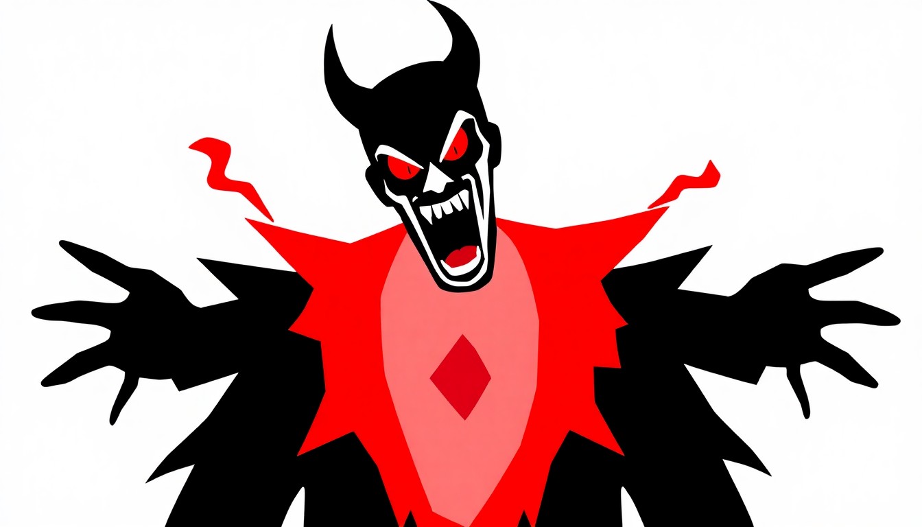 An abstract, minimalist illustration featuring bold, jagged black silhouettes and high-contrast solid colors like red and white, conceptually representing the quirky, supernatural wrestling character of Danhausen.