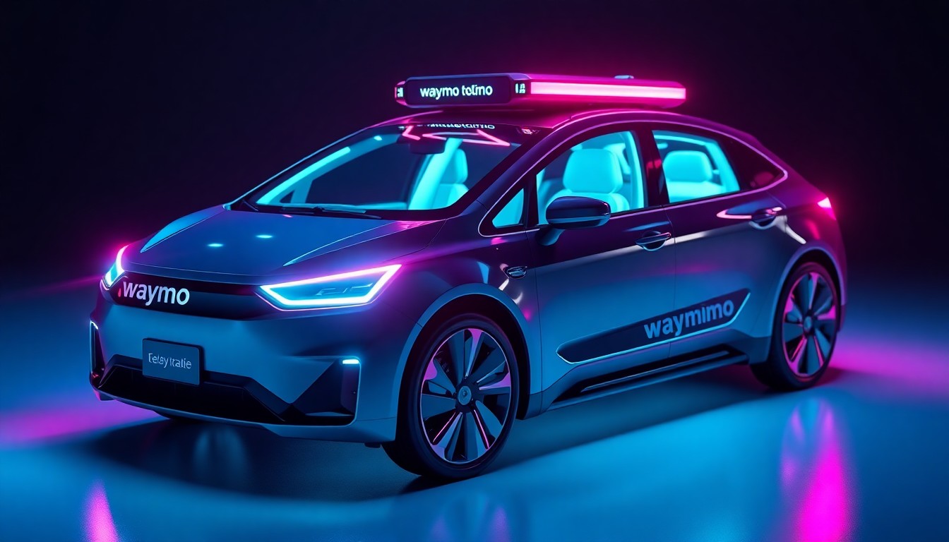 A highly detailed, glowing 3D illustration of Waymo's robotaxi system, with various illuminated components and sensors, conceptually representing the advanced technology powering the company's autonomous driving capabilities.