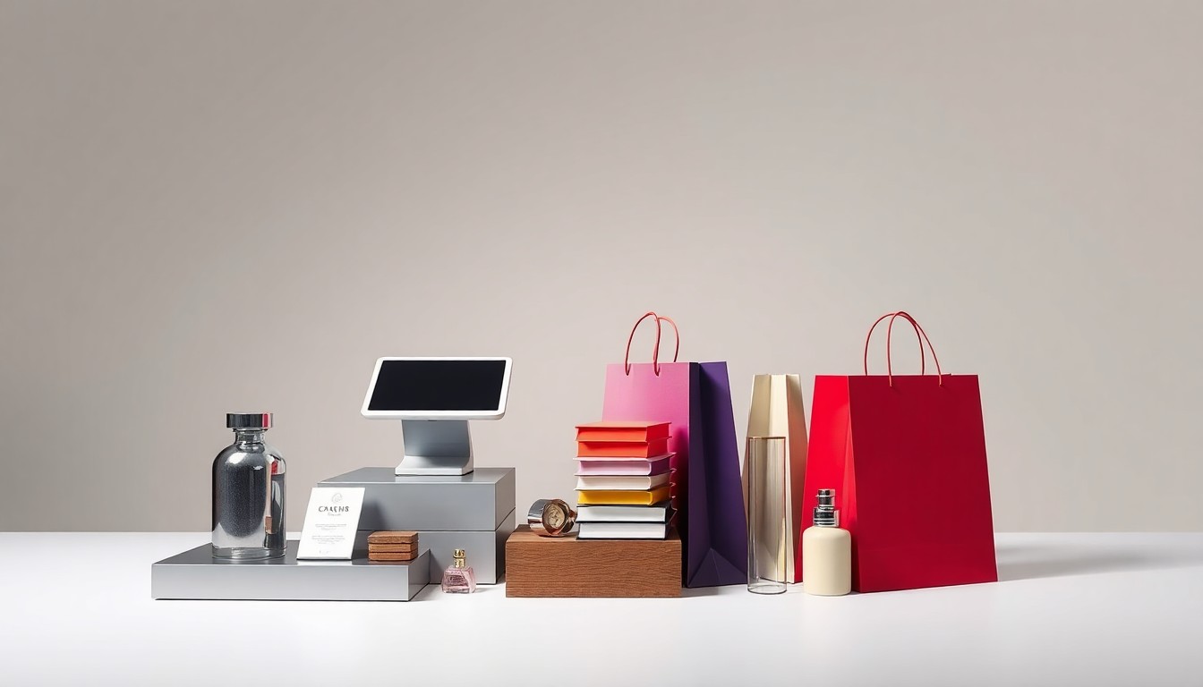 A minimalist, high-end studio still life featuring a sleek cash register, colorful shopping bags, and carefully selected retail products, conveying the premium quality and strategic growth of Ollie's Bargain Outlet.