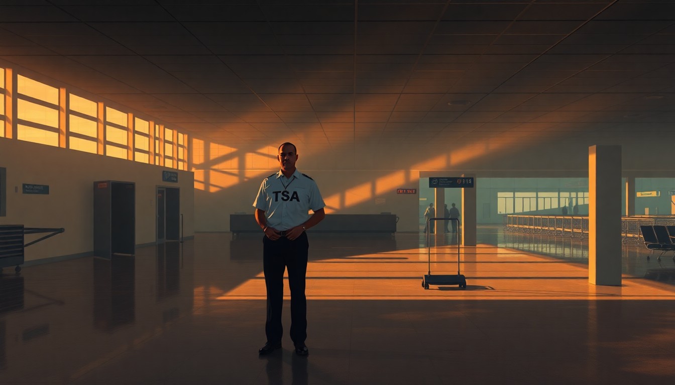 A photorealistic painting of a solitary TSA agent standing in an empty airport terminal, the space bathed in warm, diagonal sunlight and deep shadows, conveying a sense of quiet contemplation and unease about the state of airport security.