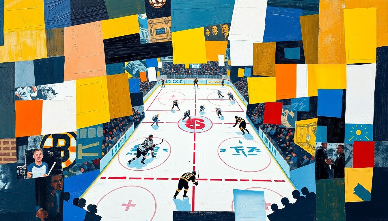A cubist, geometric painting depicting a hockey game, with sharp, overlapping planes of color representing the Bruins and Lightning teams. The fragmented, multi-perspective style conceptually illustrates the Bruins' inability to play a cohesive, disciplined game in this must-win situation.