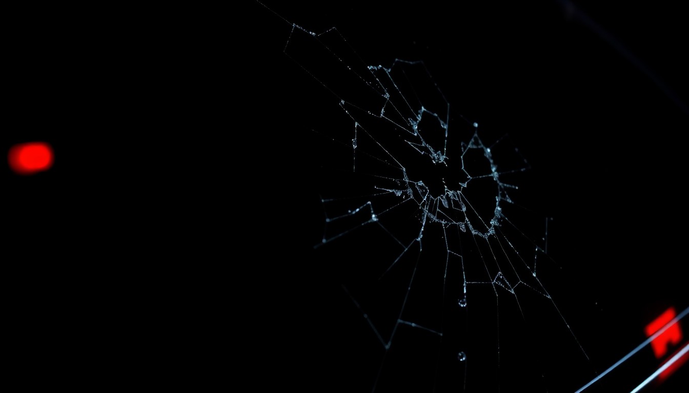 An extreme close-up of shattered car glass reflecting a faint red light, conceptually illustrating the aftermath of a violent incident involving law enforcement.