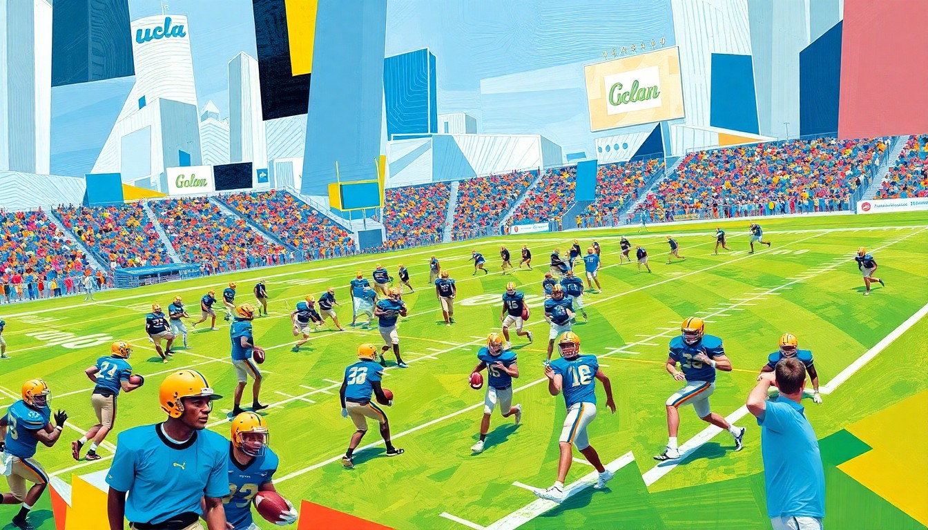 A cubist, geometric painting depicting the dynamic energy and movement of a UCLA football practice, with players, coaches, and the field itself fractured into sharp, overlapping planes of vibrant blue and gold.
