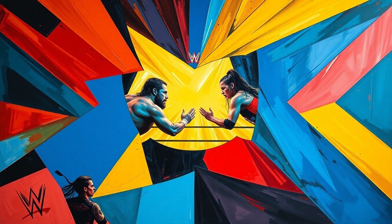 A cubist, geometric painting depicting a fractured, multi-perspective view of a WWE wrestling match, with sharp, overlapping planes of vibrant colors like deep blues, fiery reds, and bright yellows, conceptually representing the potential impact of Cody Rhodes' house show revival pitch.
