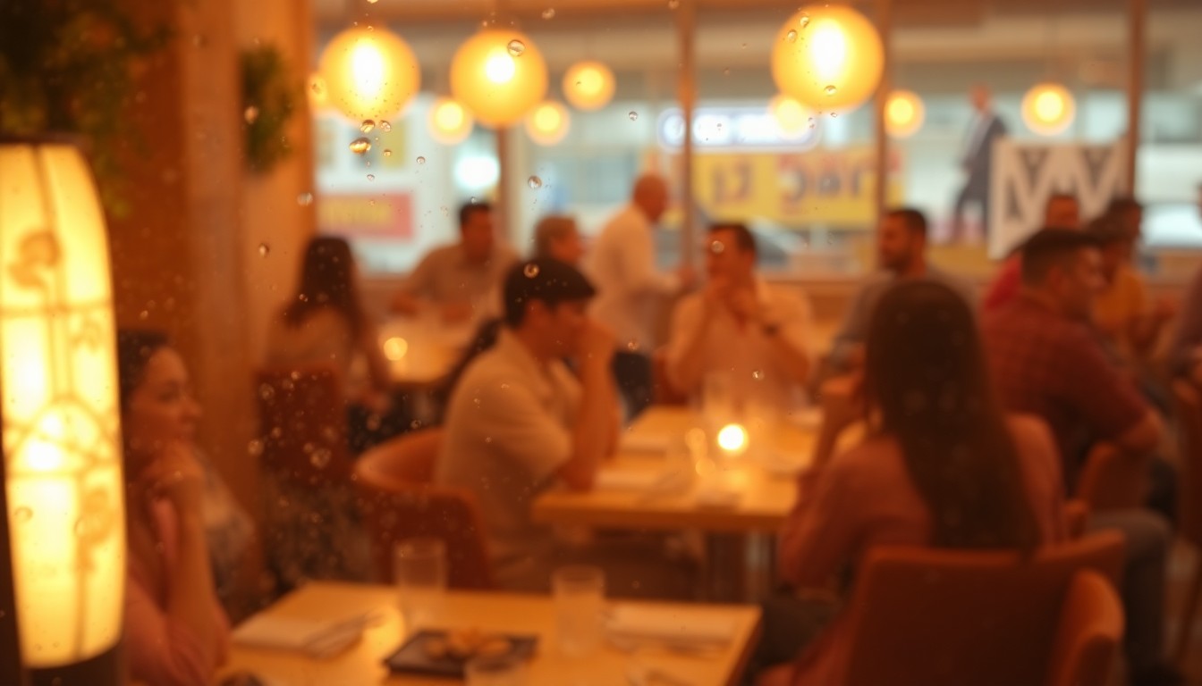 An abstract, impressionistic image of people dining at a restaurant, with the scene blurred and obscured by condensation or rain-streaked glass, creating a warm, dreamlike atmosphere.