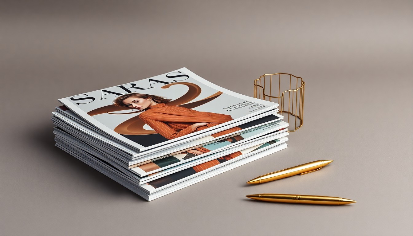 A minimalist, high-end studio still life featuring a stack of luxury fashion magazines, a sleek metal desk organizer, and a single gold-plated pen on a clean, monochromatic background, symbolizing the financial challenges facing the Saks Global brand.
