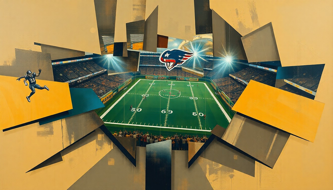 A fractured, cubist-style painting depicting an abstract football game or NFL draft scene, with sharp geometric planes in muted earth tones and metallic accents, conveying the strategic complexity of the Ravens' draft approach.