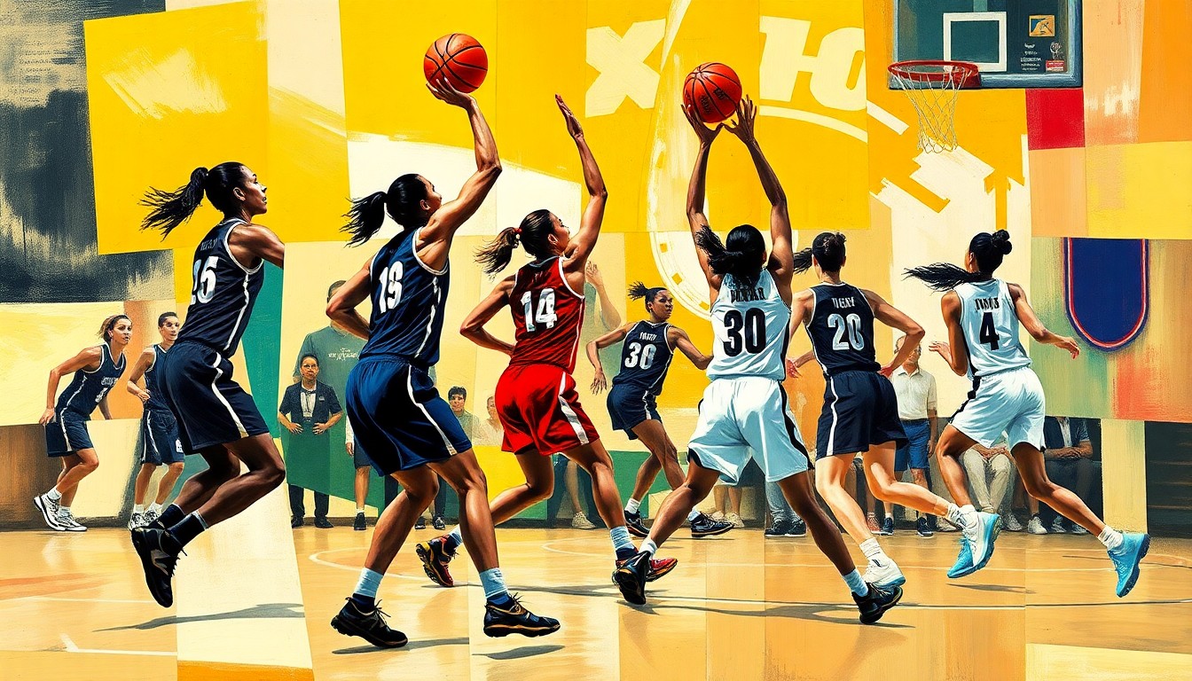 A cubist, geometric painting depicting the fragmented, overlapping forms of basketball players in motion, capturing the dynamic energy of the sport without any identifiable features.