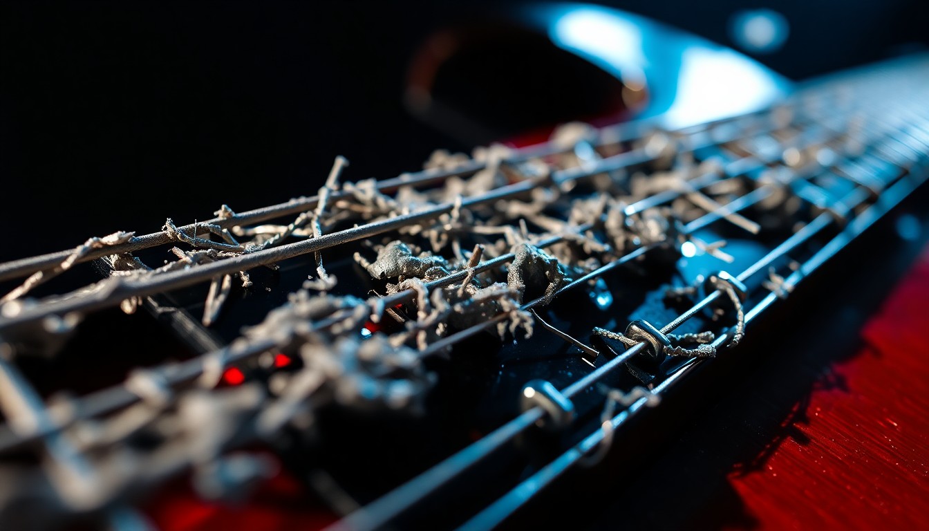 An extreme close-up of shredded, metallic guitar strings captured in dramatic, high-contrast studio lighting, conveying the raw power and intensity of the thrash metal genre.