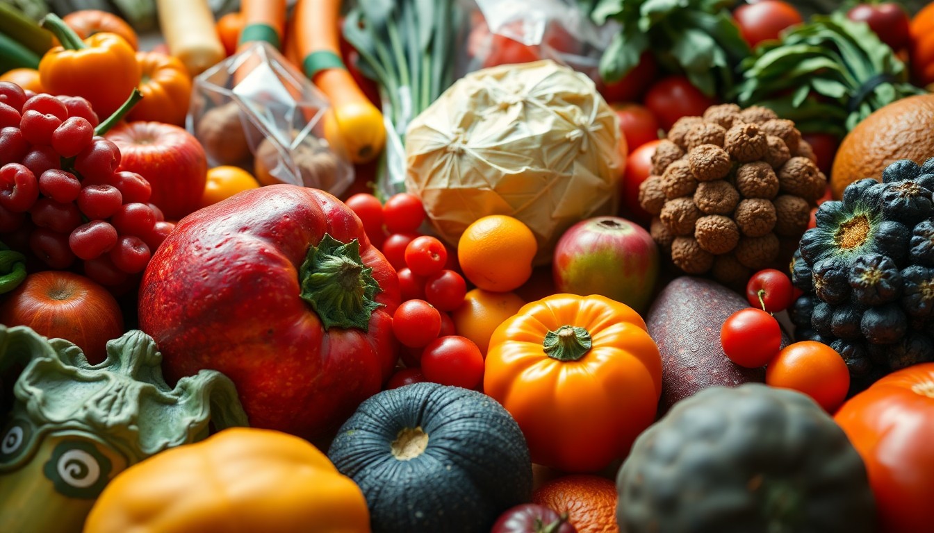 An extreme close-up of lush, textured organic produce and natural products in a kaleidoscope of colors, conceptually representing the artisanal, community-driven spirit of Rainbow Grocery's 50-year anniversary.