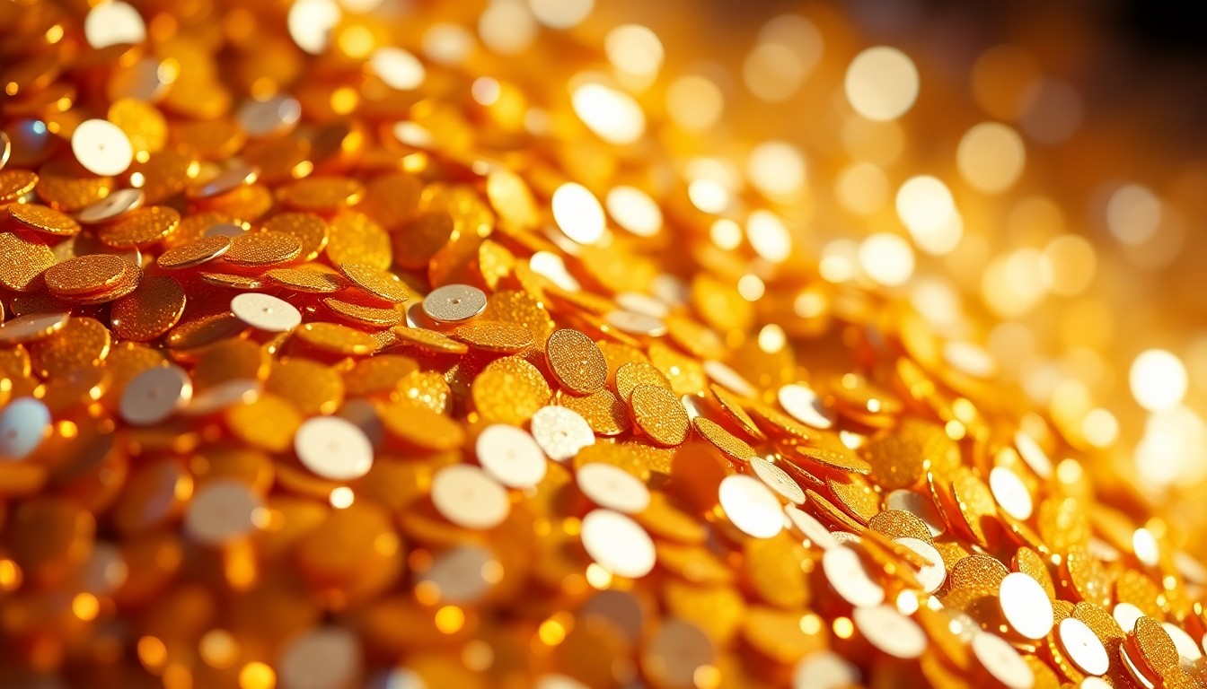 An extreme close-up photograph of shimmering, glittering gold and silver sequins, capturing the high-fashion glamour and spectacle of Super Bowl advertising.