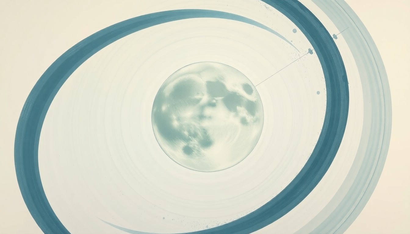 A highly textured, abstract painting in muted tones of blue, green, and gray, featuring sweeping geometric arcs, concentric circles, and precise lunar craters, conceptually representing the Artemis II mission's journey around the far side of the moon.