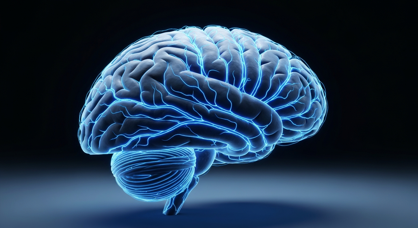 A minimalist, glowing neon outline of a human brain against a dark background, with pulsing blue lines representing the brain's blood vessels, conceptually illustrating the impact of erythritol on vascular health.
