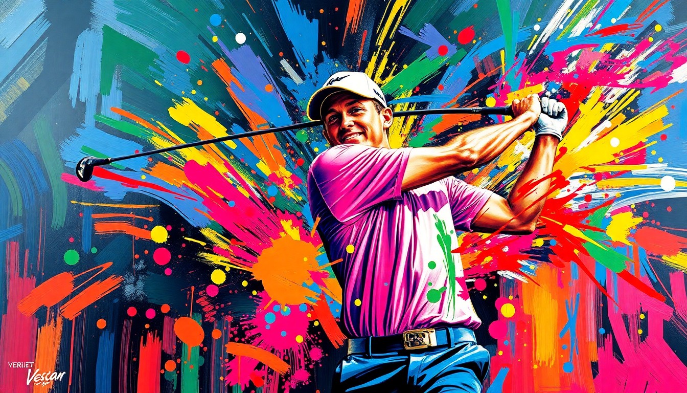 A vibrant, energetic painting in neon colors depicting the dynamic movements and triumph of a professional golfer, conceptually representing J.J. Spaun's victory at the Valero Texas Open.