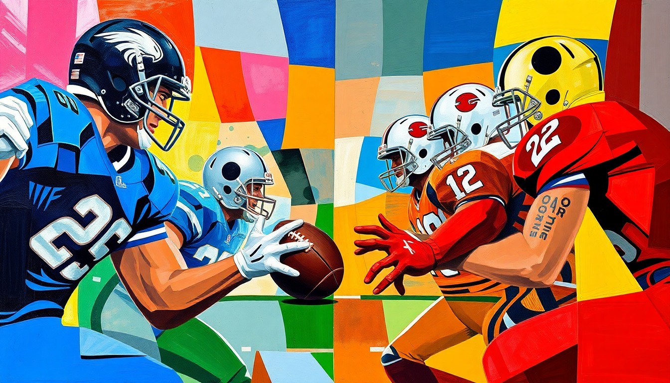 A fragmented, cubist-style painting depicting a UFL football game in overtime, with the players and field broken down into sharp, overlapping geometric shapes and planes in vibrant colors.
