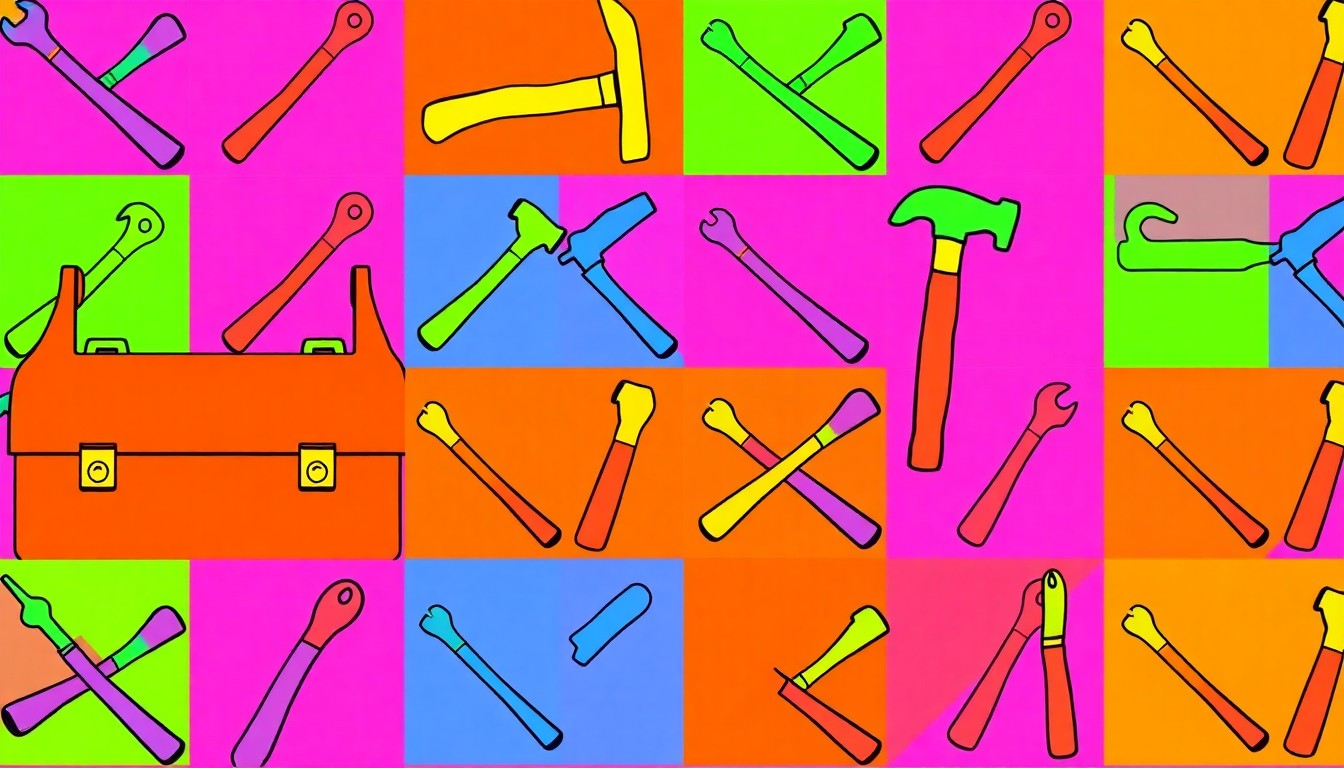 A brightly colored, high-contrast silkscreen-style illustration featuring a repeating grid of construction tools like a toolbox, hammer, and screwdriver, conceptually representing the need to carefully vet contractors before hiring them.