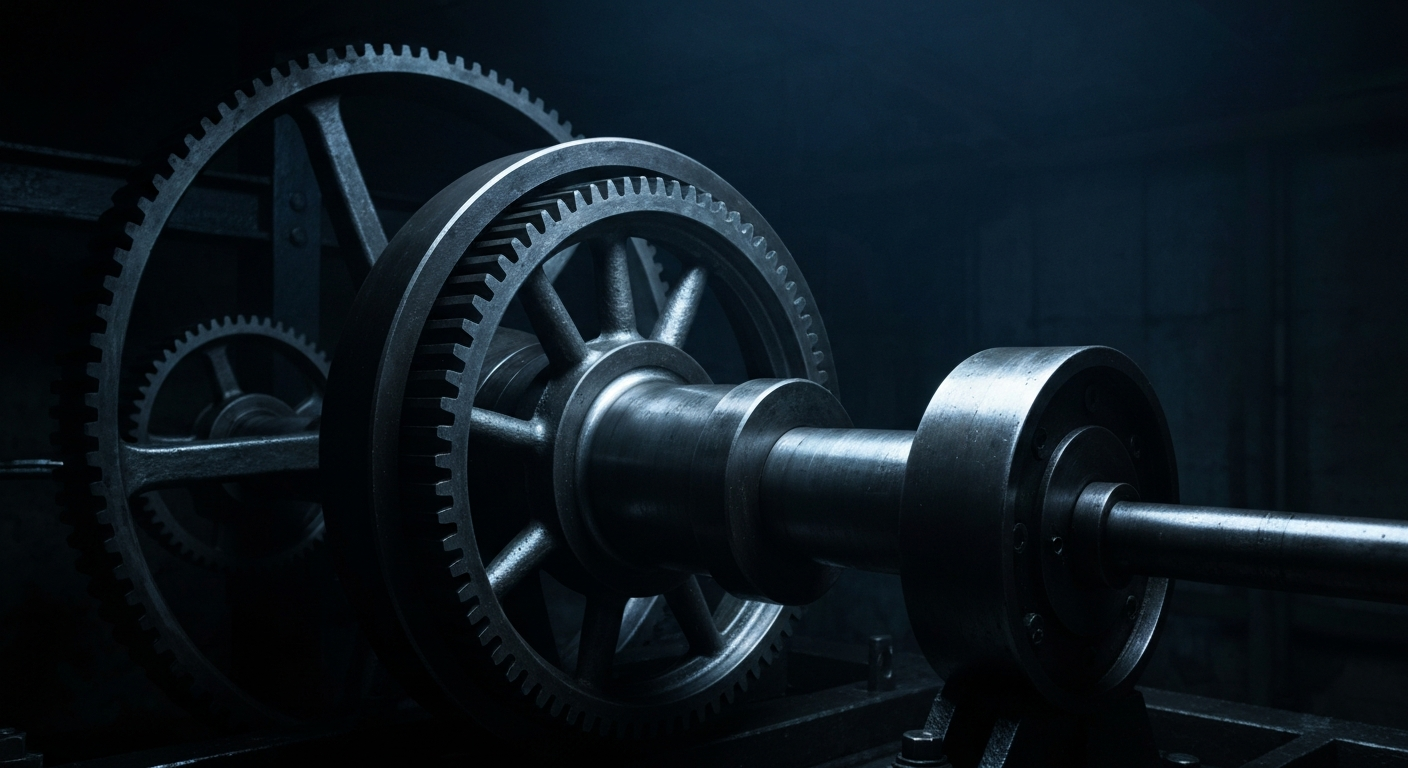 An extreme close-up of gears, levers, and other heavy industrial banking equipment, conveying the technical complexity and security of financial systems.