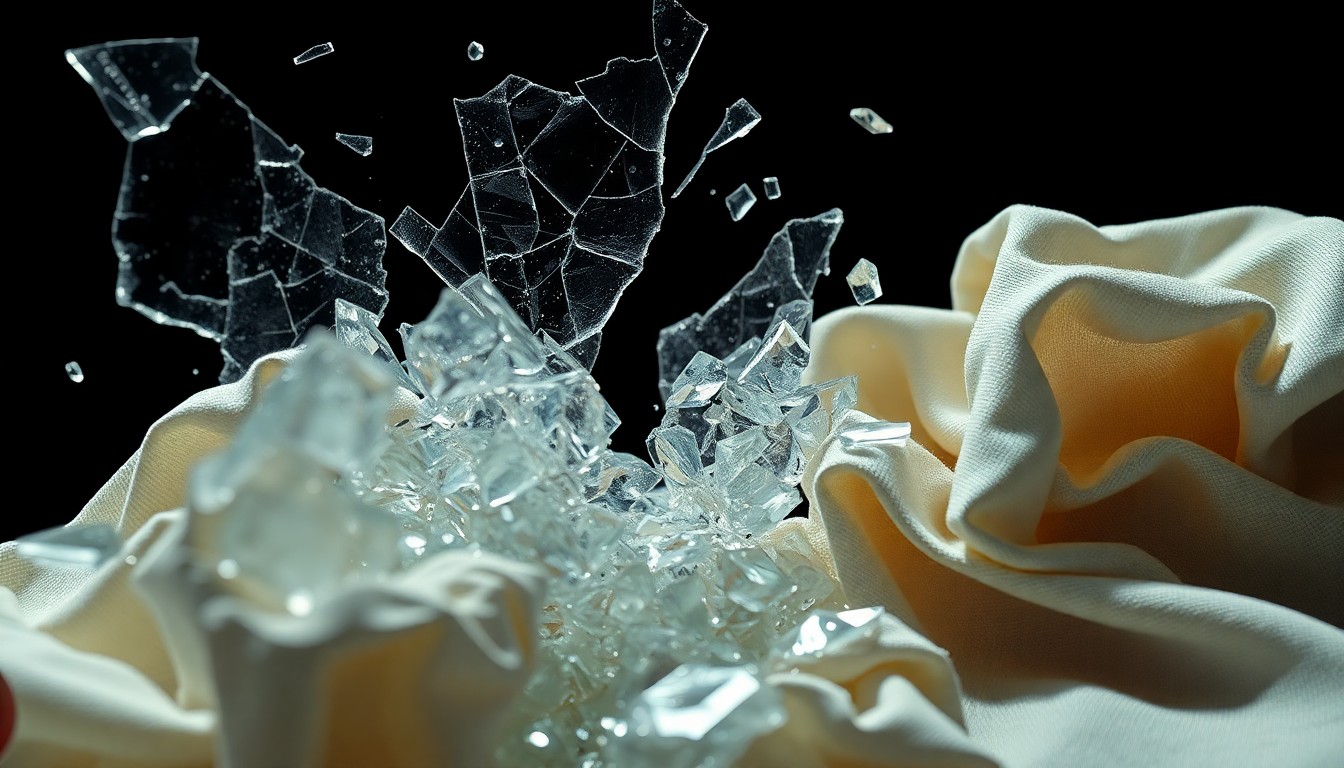 An abstract close-up image featuring shards of broken glass and crumpled fabric textures, captured in dramatic high-contrast studio lighting to convey the emotional turmoil and breakdown of relationships depicted in the play.