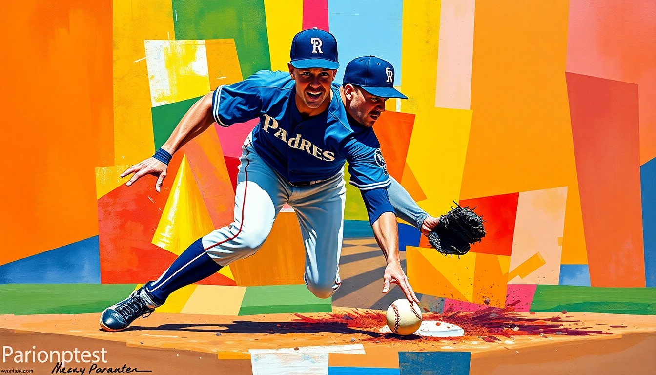 A cubist, geometric painting depicting a baseball player in the act of fielding a ground ball at second base, with the vibrant colors of the Padres and Rockies uniforms breaking down into sharp, overlapping planes.