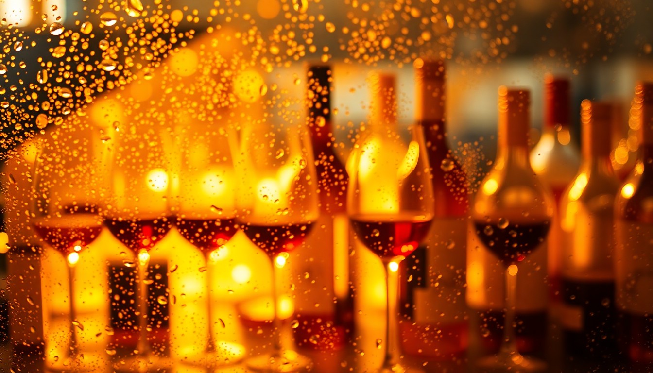 An abstract, impressionistic scene of blurred wine glasses, bottles, and other lifestyle objects in a warm, golden color palette, evoking the intimate, sensory experience of a wine tasting event.