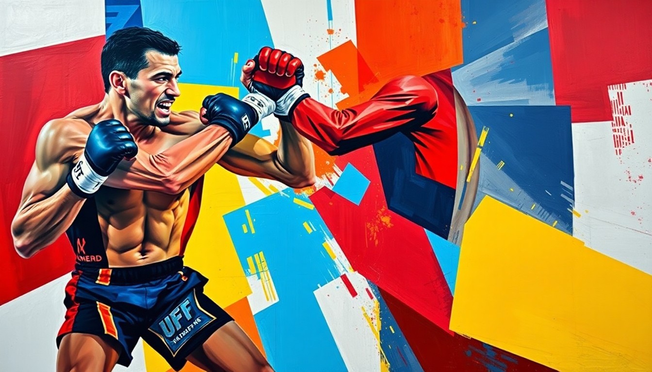 A cubist, geometric painting depicting the dynamic movements and energy of an MMA fight, with overlapping planes of color and abstracted figures.