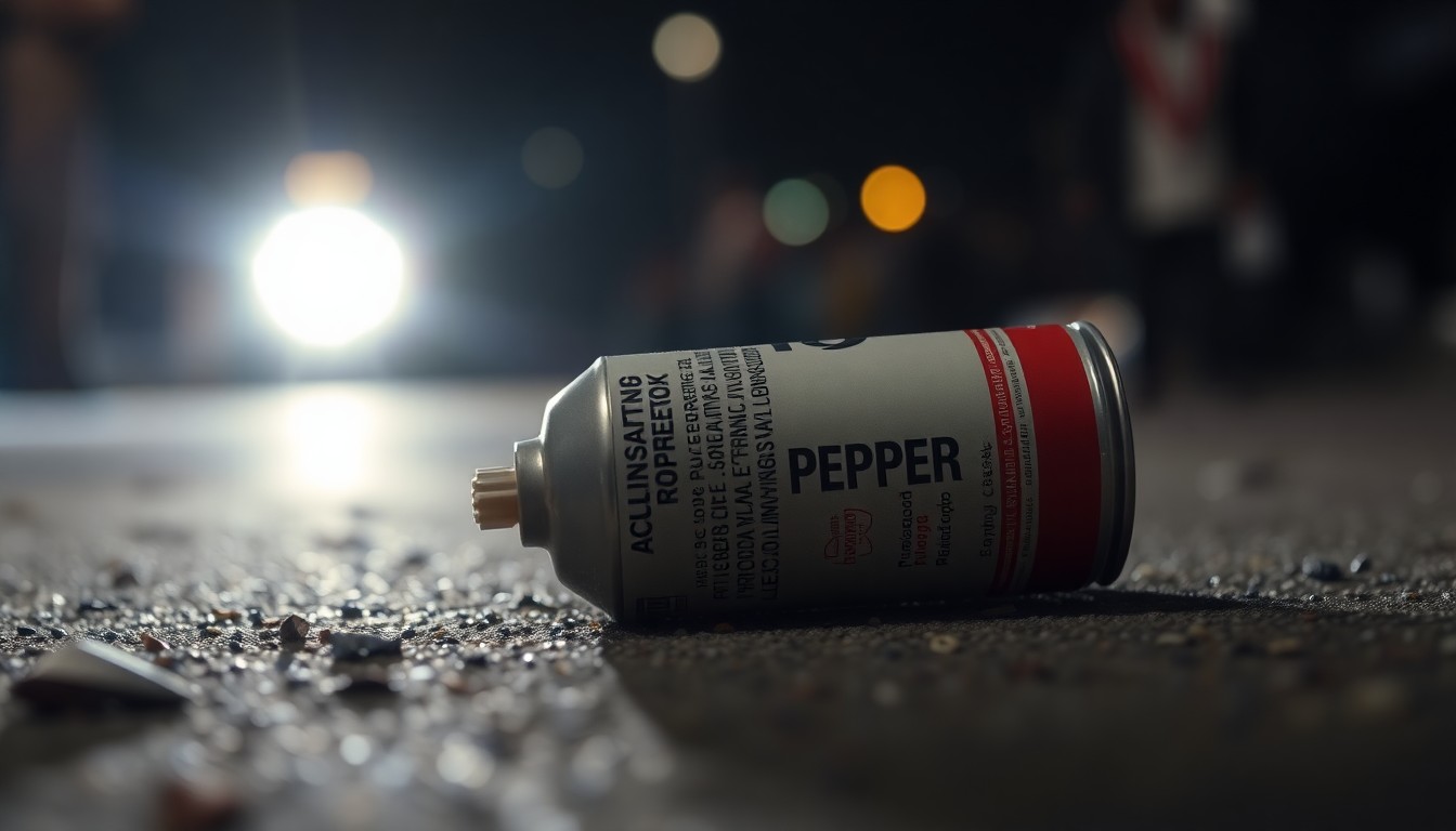 An extreme close-up photograph of a discarded can of pepper spray on the ground, reflecting the harsh lighting of a police camera flash, conceptually illustrating the confrontation between police and protesters.