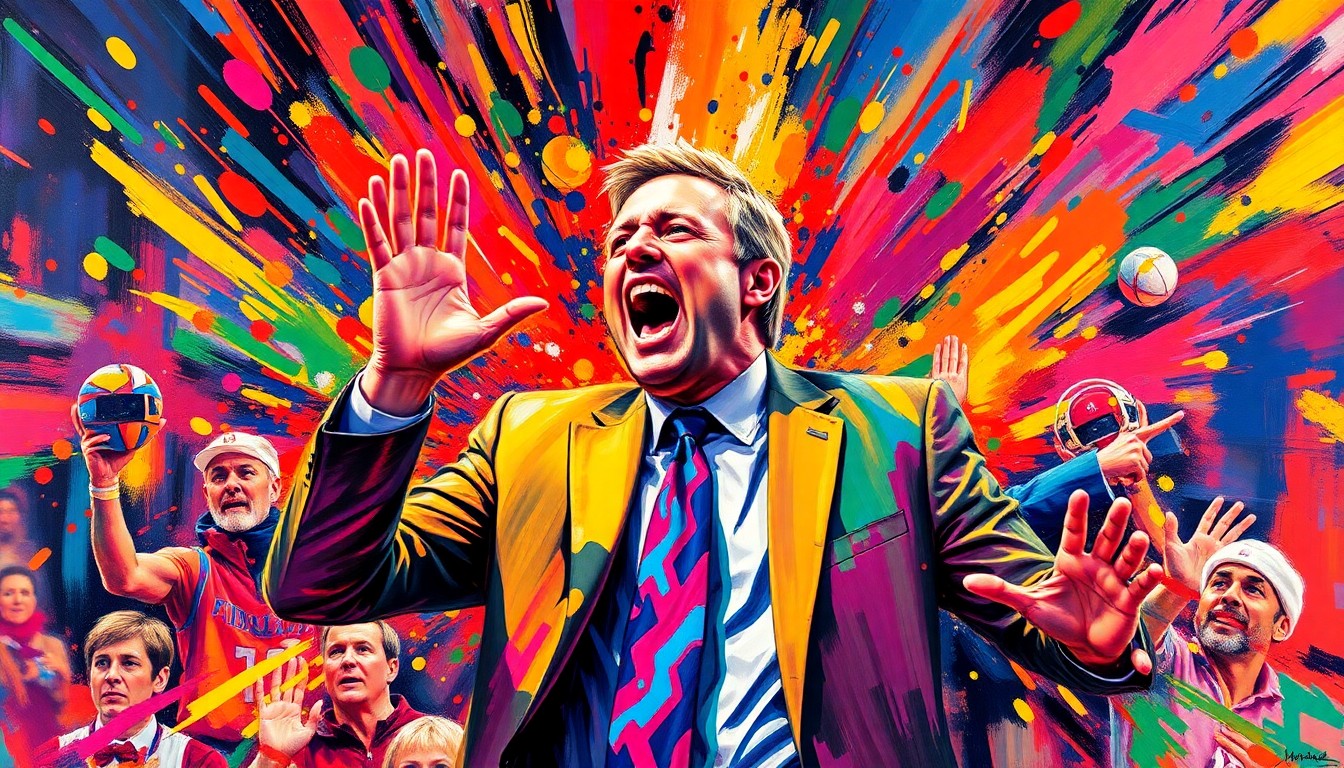 An extreme close-up of a basketball announcer, their face and body dissolving into a vibrant, expressionist painting of neon colors and rapid brushstrokes, capturing the raw energy and excitement of the game.