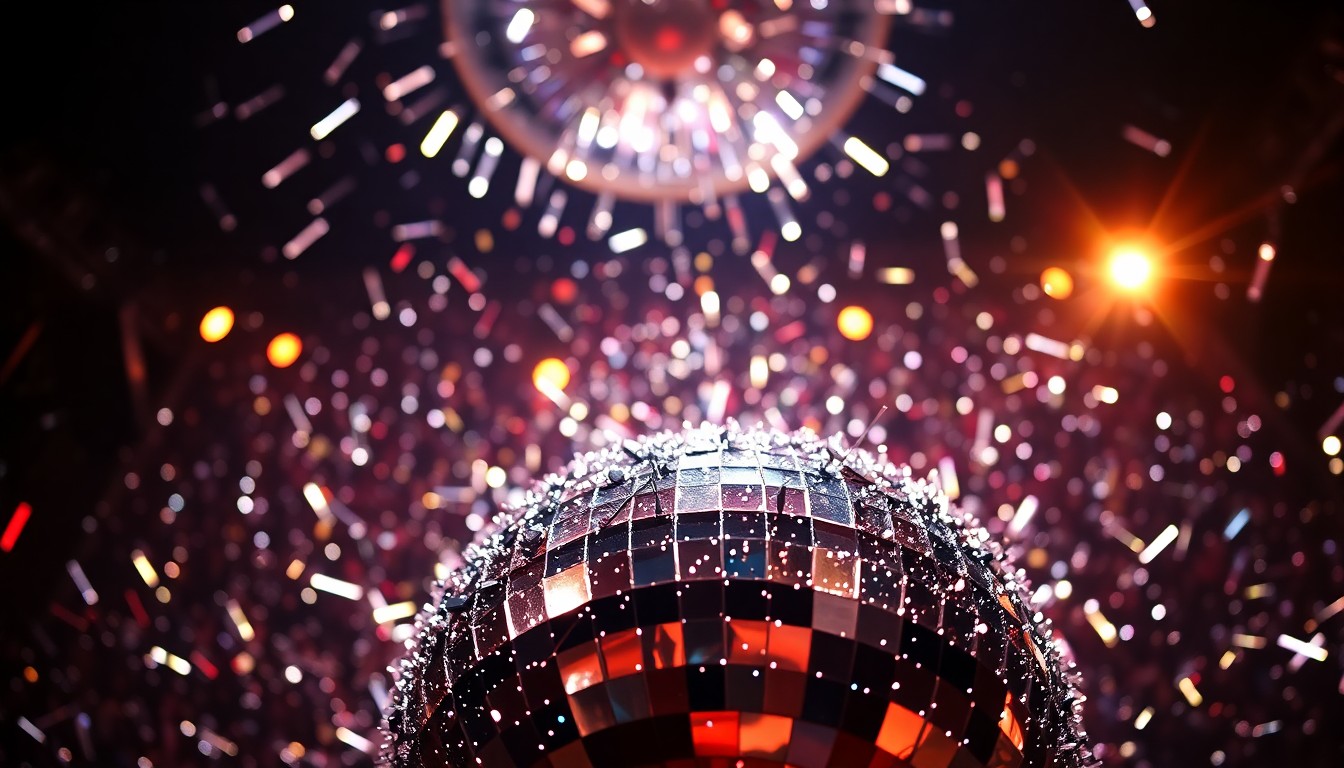 An extreme close-up of shattered disco ball fragments reflecting bright, high-contrast light, creating a glittering, glamorous texture that evokes the celebratory energy of Bruno Mars' concert.