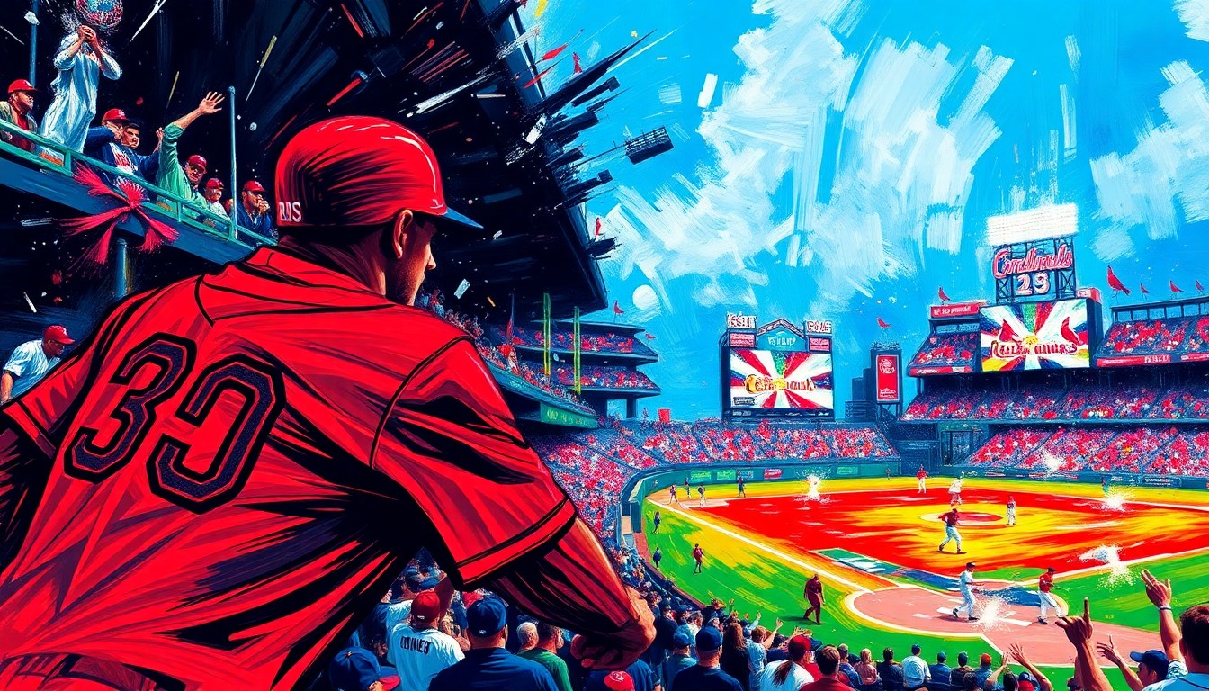An abstract, energetic painting in neon colors depicting the dynamic action and movement of a baseball game, conveying the excitement and intensity of the Red Sox vs Cardinals matchup.