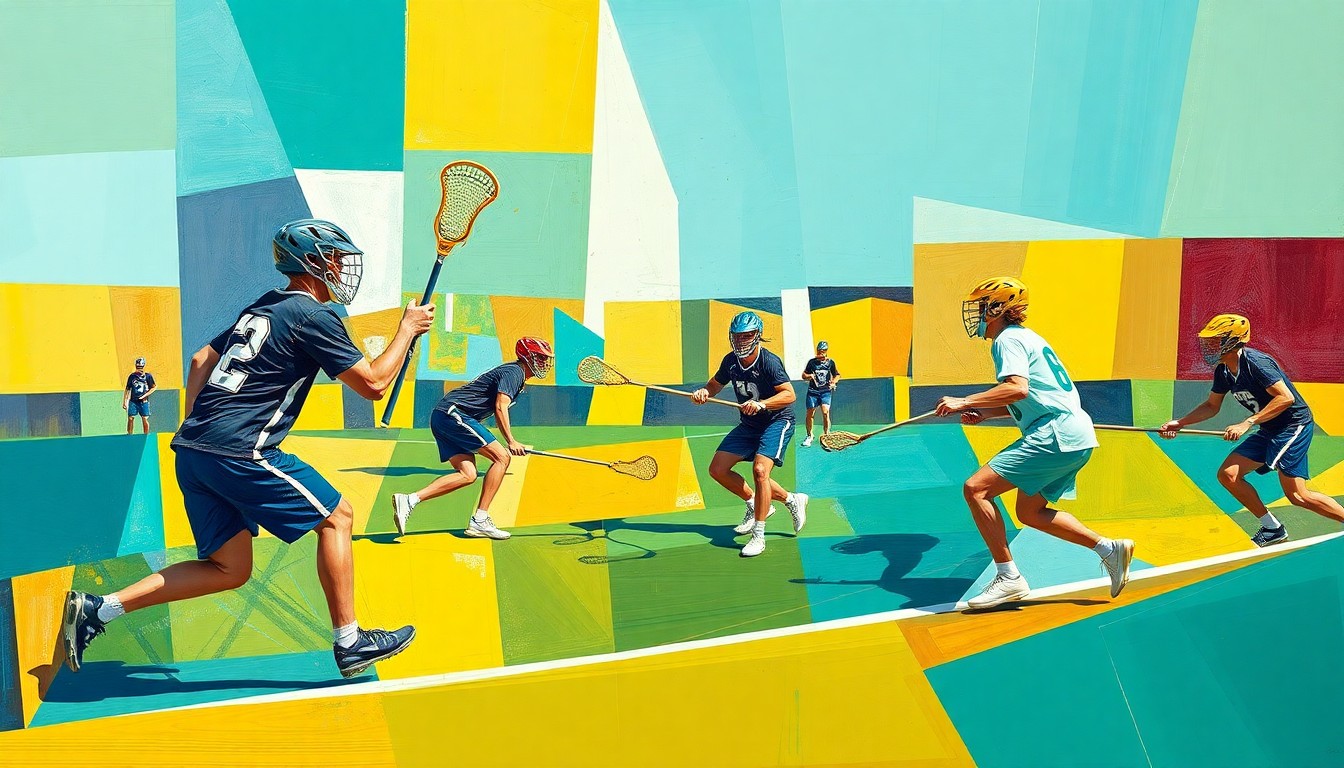 A fragmented, geometric painting in shades of teal, navy, and gold, depicting the fluid motion and intensity of a lacrosse match through Cubist-inspired abstraction.