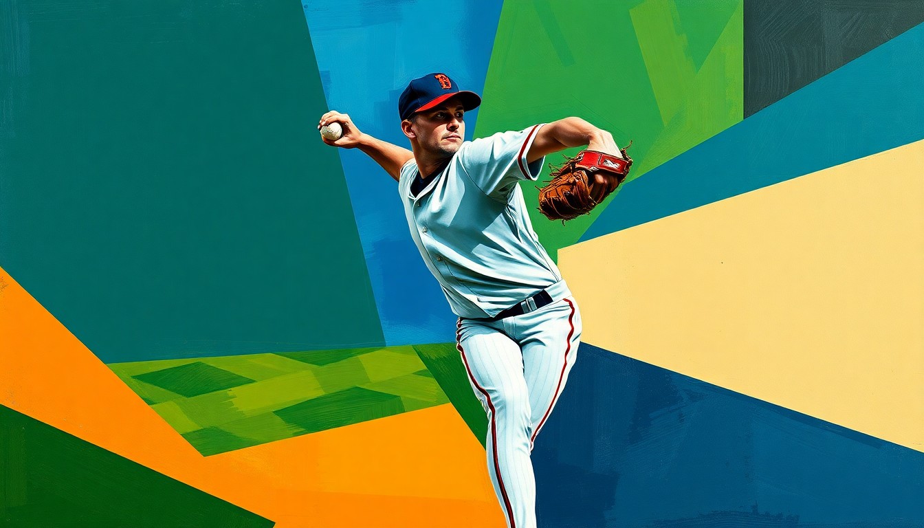 A fragmented, geometric painting depicting a baseball pitcher's windup and delivery, with sharp planes of navy, green, and orange colors overlapping to create a dynamic, abstract representation of the sport.